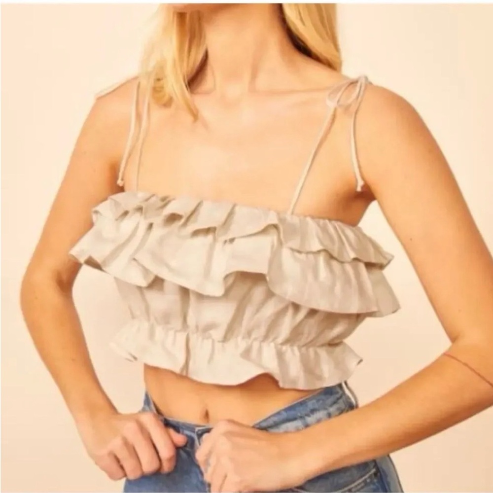 Aqua Beige Ruffle Tie-Shoulder Crop Top